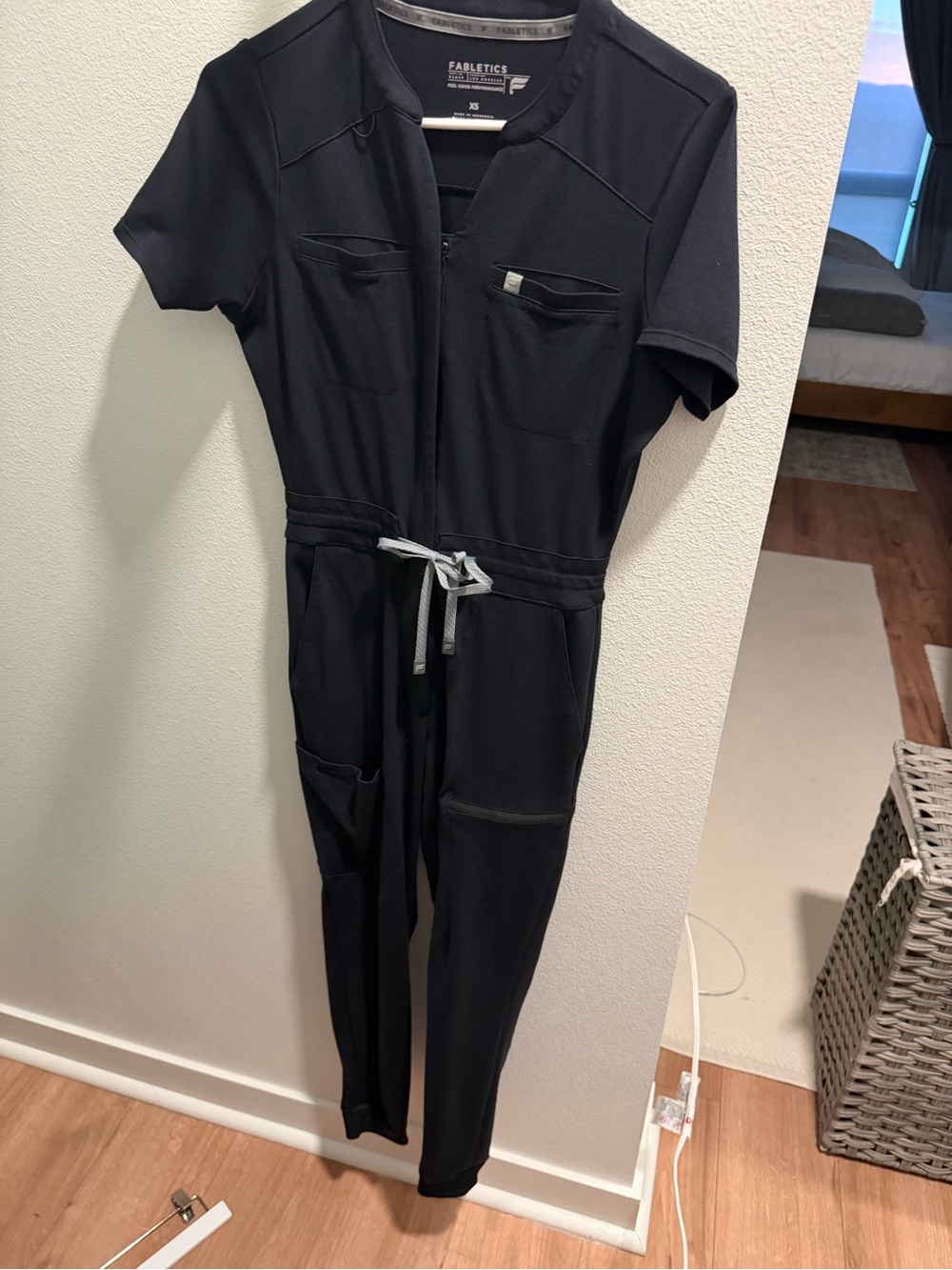 Fabletics Black Short-Sleeve scrub Jumpsuit with Drawstring